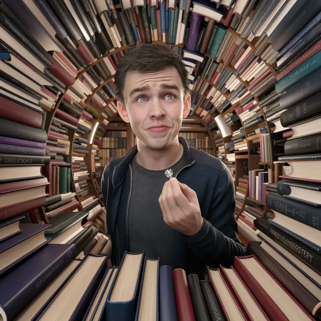 Young-Man-Holding-Pin-with-Questioning-Expression-in-Front-of-Bookshelf