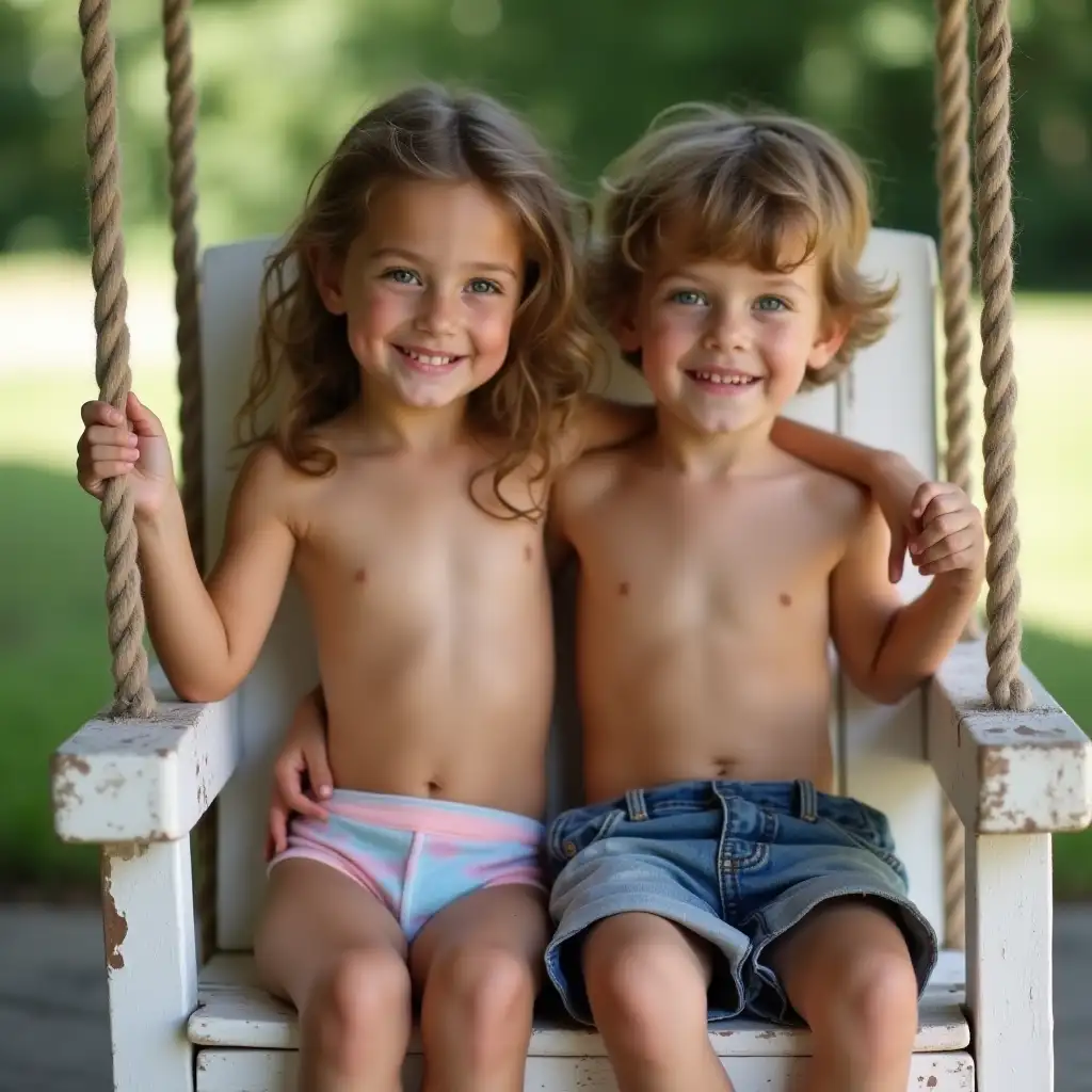 Children-Smiling-on-Porch-Swing-in-Casual-Summer-Attire