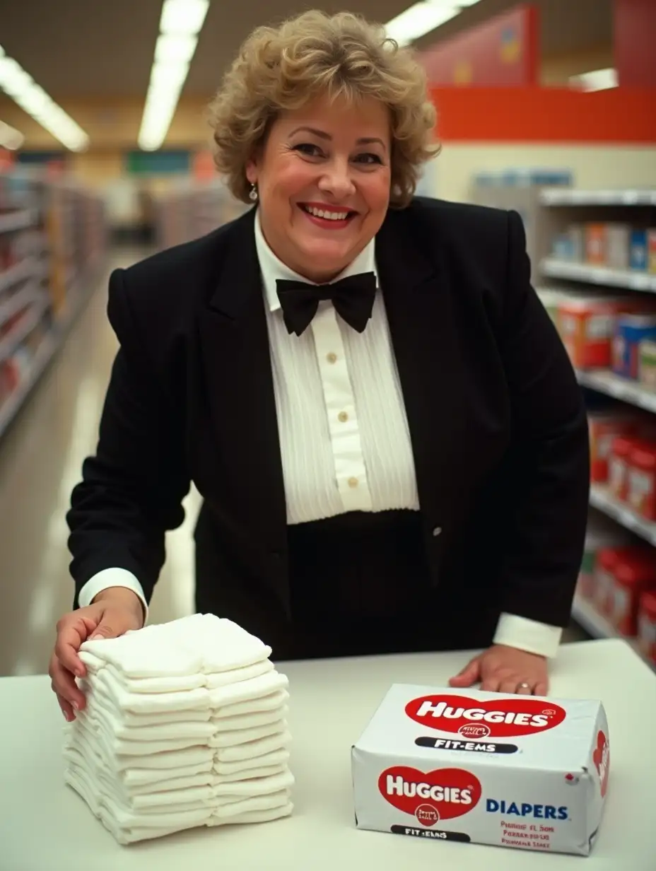 ((photo realistic)), ((sweet laughing middle-aged larger plump full-figured body type with large wide hips)) (((Caucasian female woman))), ((with short dark blonde curly 1980s hair with curly bangs)), (wearing a very formal orchestra concert tuxedo) with ((black long sleeve high cut cropped Eton jacket)), ((((white tuxedo shirt, with tight high standing wingtip collar, and many thick vertical pleats front)))), (((black diamond point bow tie with black thick adjustable neckband))), black cummerbund, ((black tight high cut spandex briefs)), nylons, ((looking at viewer, bending over a white padded changing table while presenting a stack of large bright white folded plastic backed thick disposable diapers in her hand)), ((with a large sized white and red plastic rounded box package of 1980s Huggies FIT-EMS DIAPERS on the changing table)), in a supermarket for a product demonstration, (close up side view).