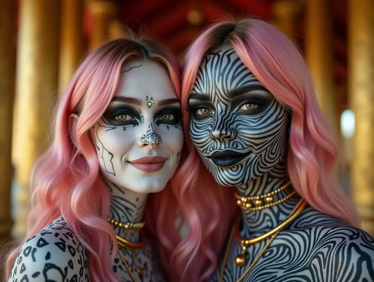 Two young black and white patterned women with alien face, with pink hair, with a slight smile on their faces, highlighting their smiles, modern retro jewelry, in a temple with much gold in different shades 4k