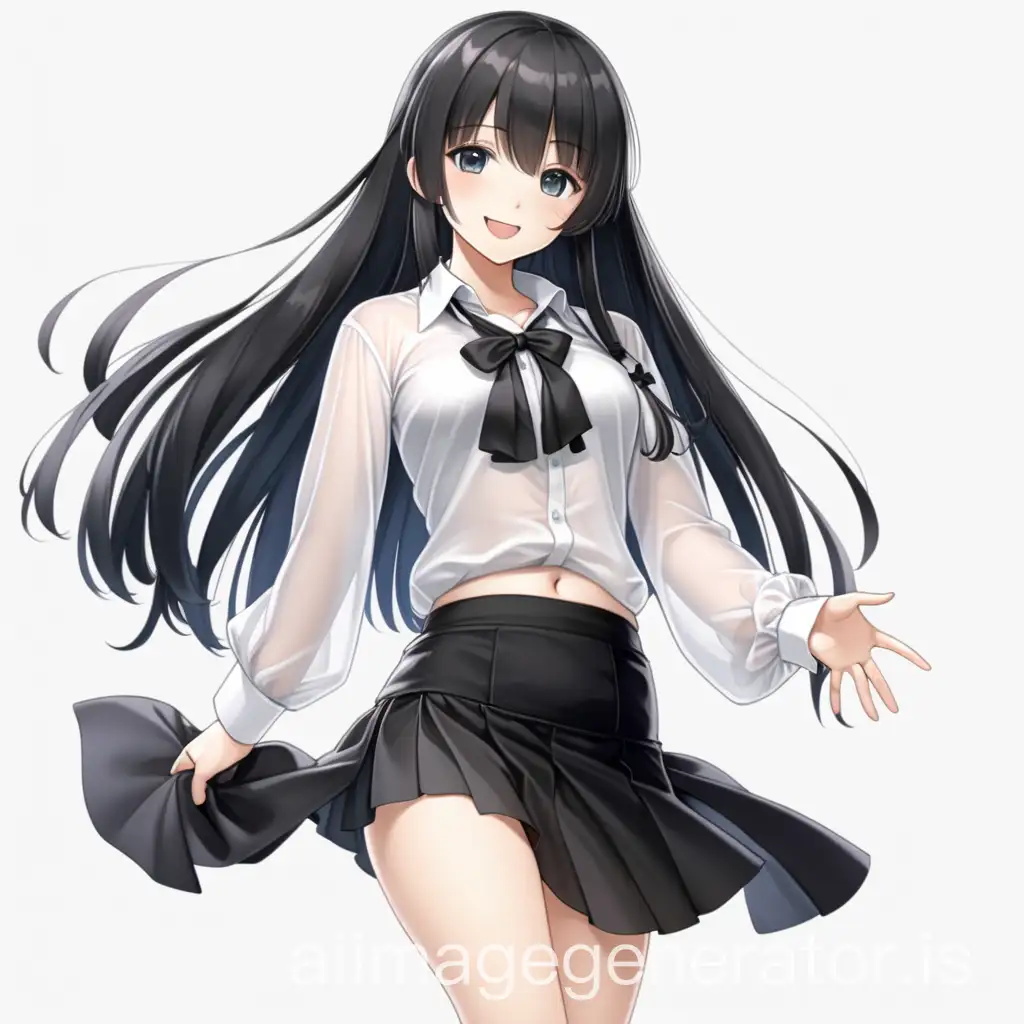 Anime girl with black skirt and white medium-size blouse-top, tummy is visible, with small but beautiful breasts, with black long smooth hair, her hand under skirt, with a smile, transparent background