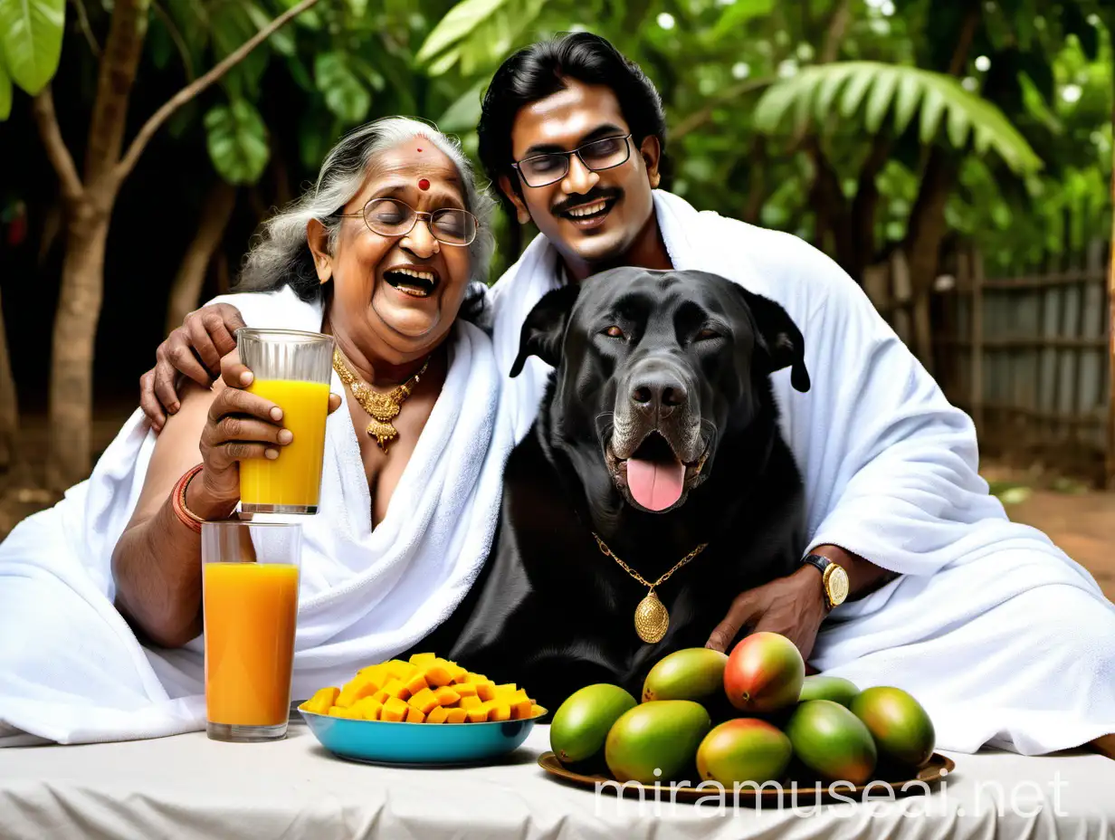 Happy Indian Couple Enjoying Mangoes in a Lush Garden