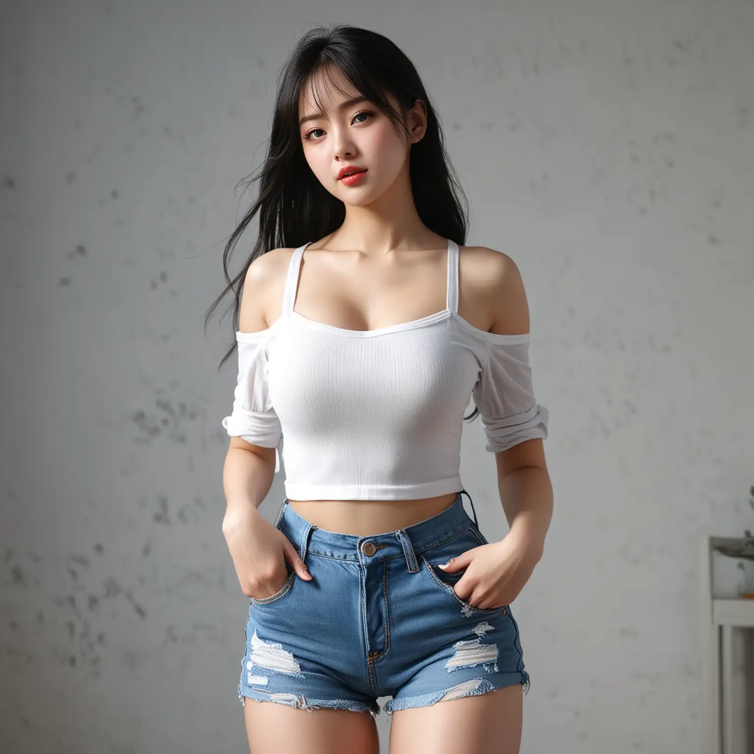 1korean girl, during the day,best quality, masterpiece, (photorealistic:1),ultra high res,highres, cure lovely, illustration.media, delicate,8k wallpaper,soft light,official art,black hair with bang, blue eyes, full body,realistic,photo (medium) , light smile,red lips,(big breasts:1.2),white tight shirt deep cleavage, tight denim shorts,white stockings,  <lora:LoRaInkyungB:0.8>