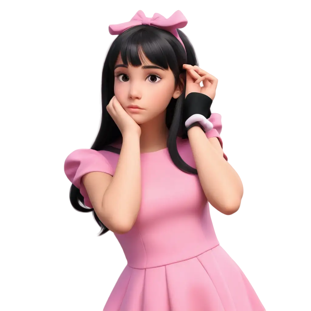 3D-Model-PNG-of-a-Thoughtful-Girl-in-a-Pink-Dress-with-Bows