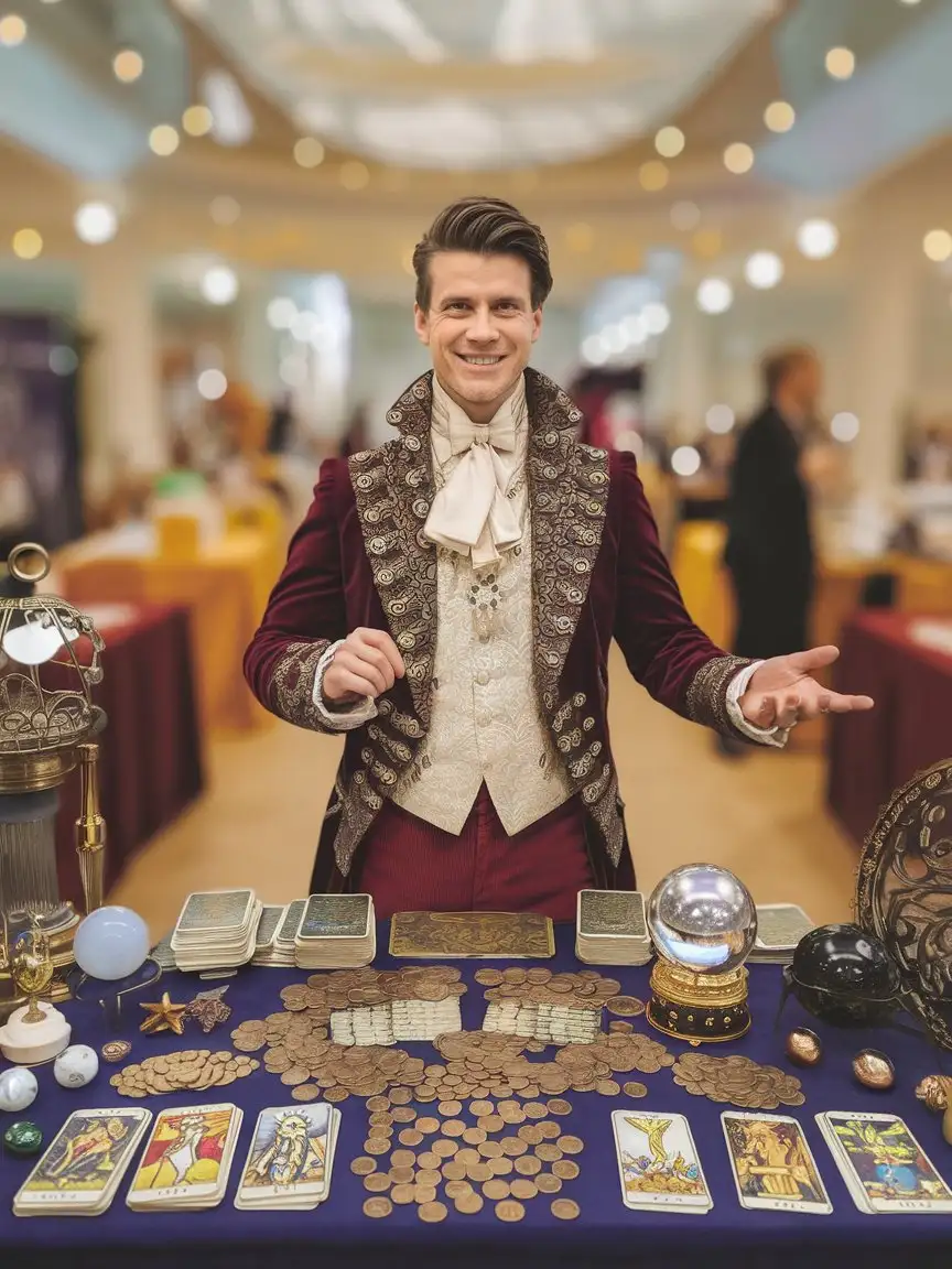Photograph of a smiling salesman richly dressed standing behind a table with tarot cards, coins and cristal faces, highly detailed, realistic