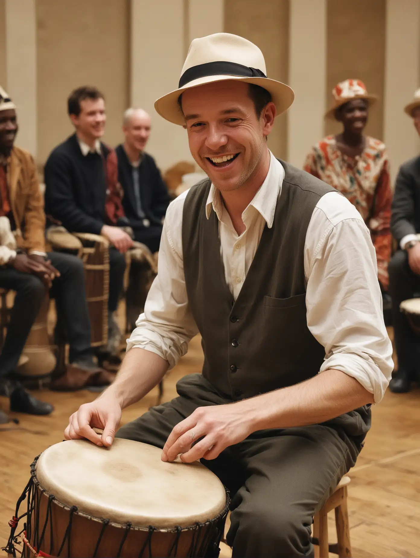 a white man wearing a trilby hat, enthusiastically playing an African drum in a hall