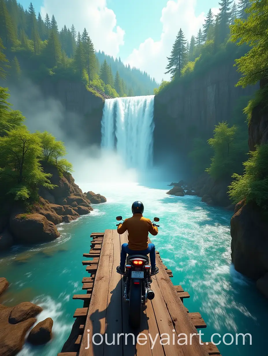 POV-Motorcycle-Ride-on-Cliffside-Wooden-Bridge-with-Waterfall-View