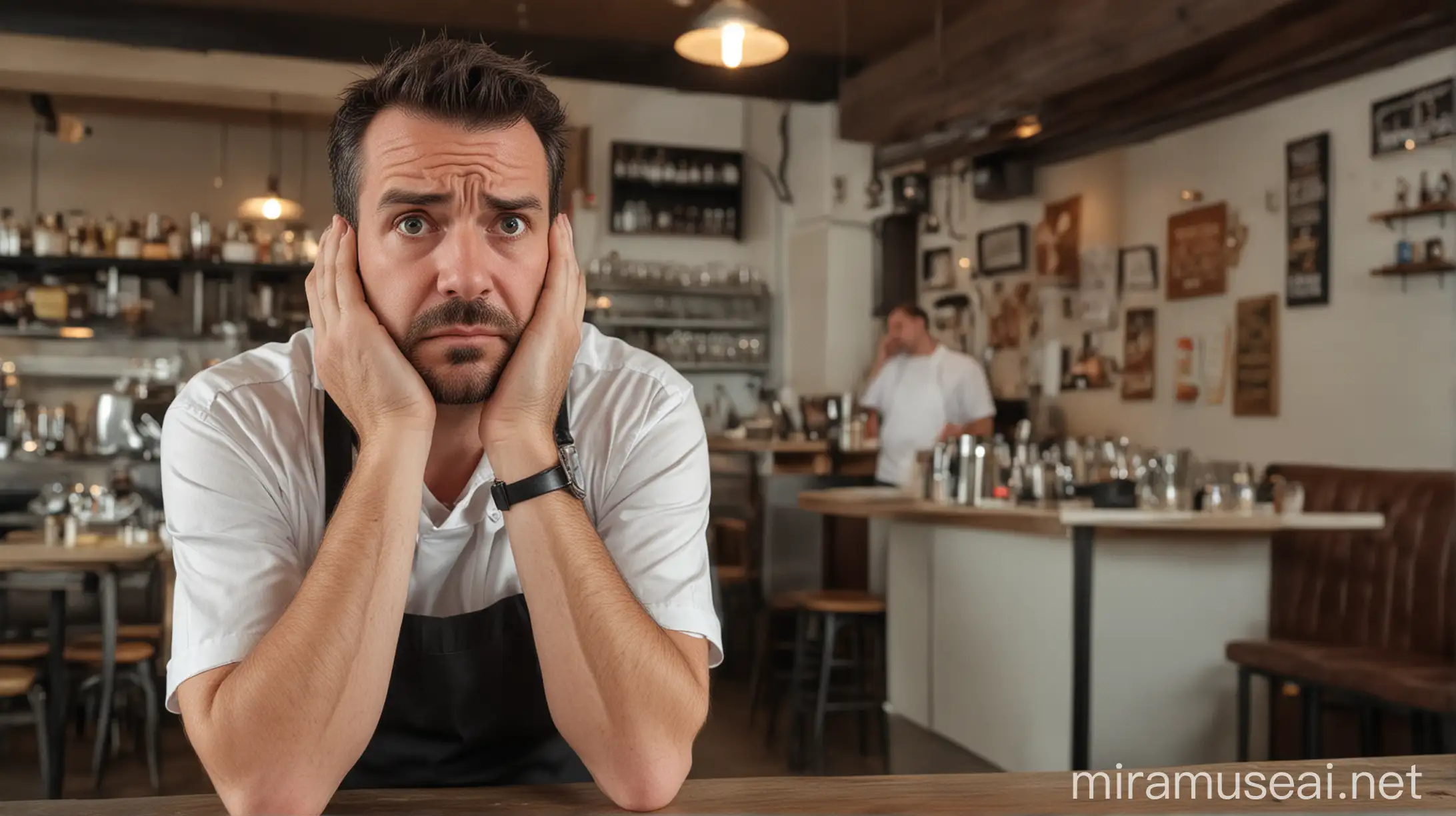 Concerned Restaurant Owner Looking at Empty Tables