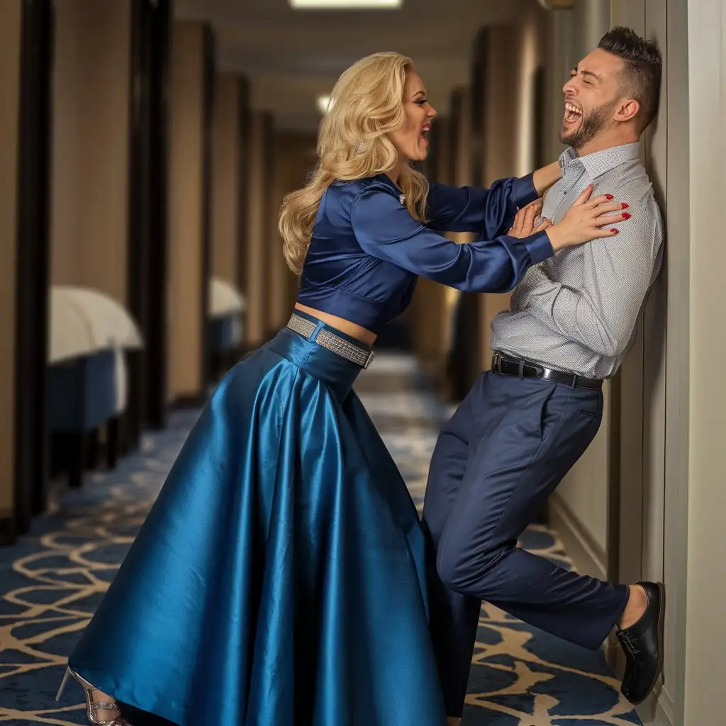 Blonde-Woman-Playfully-Pushing-Husband-Against-Wall-in-Hotel-Corridor