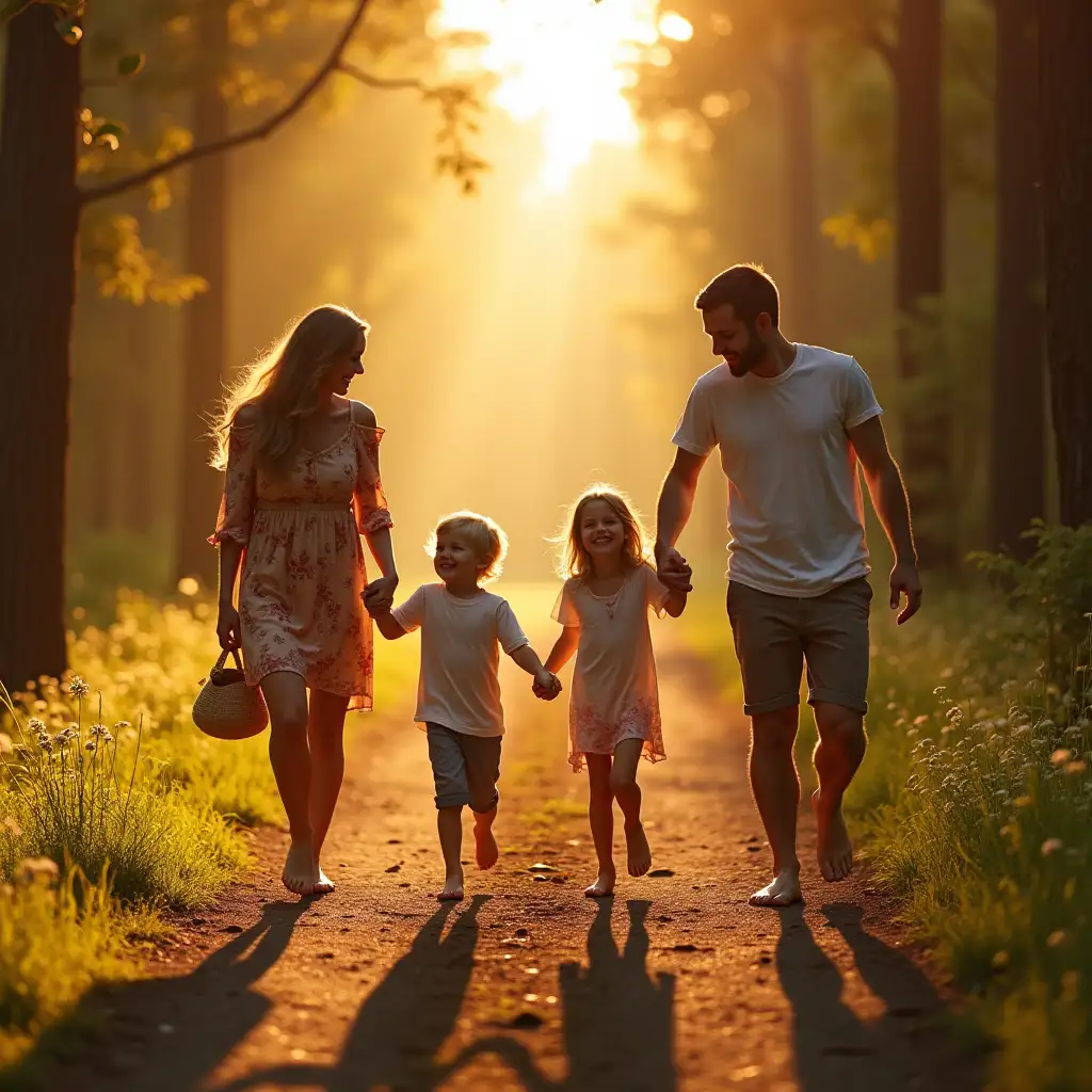 A happy family of four walking barefoot on a forest trail during golden hour, holding hands and smiling. Sunlight filters through the trees, casting a golden glow. The children are laughing, and the parents look relaxed, symbolizing a healthier, more connected life. Ultra-realistic, high detail, cinematic lighting, nature photography, warm and vibrant.