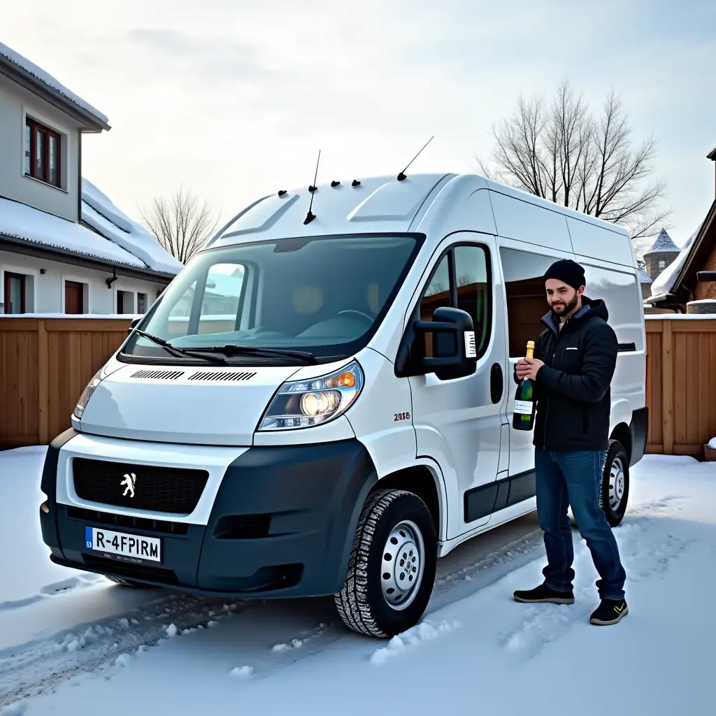 Man-Celebrates-Purchase-of-2010-Microbus-with-Friends-in-Snowy-Backyard