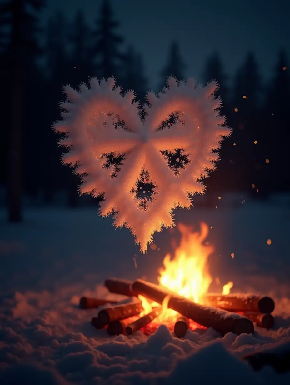 Snowflake-Shaped-Heart-in-Front-of-a-Campfire-at-Night