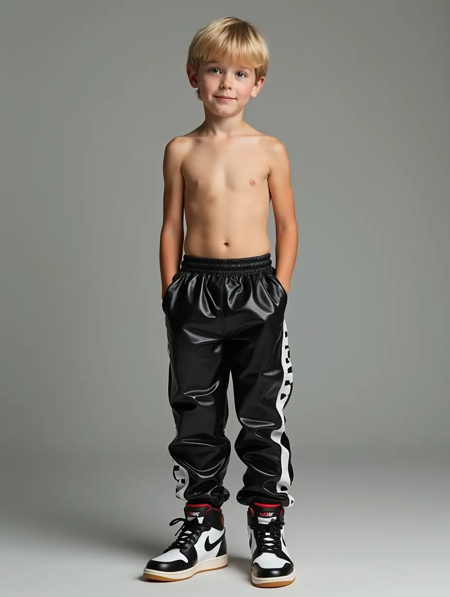 cute athletic ten-year old blond Nordic boy, wearing NIKE Air Jordan high top sneakers, NIKE very low-rise PVC pants, showing chest and V-line abs