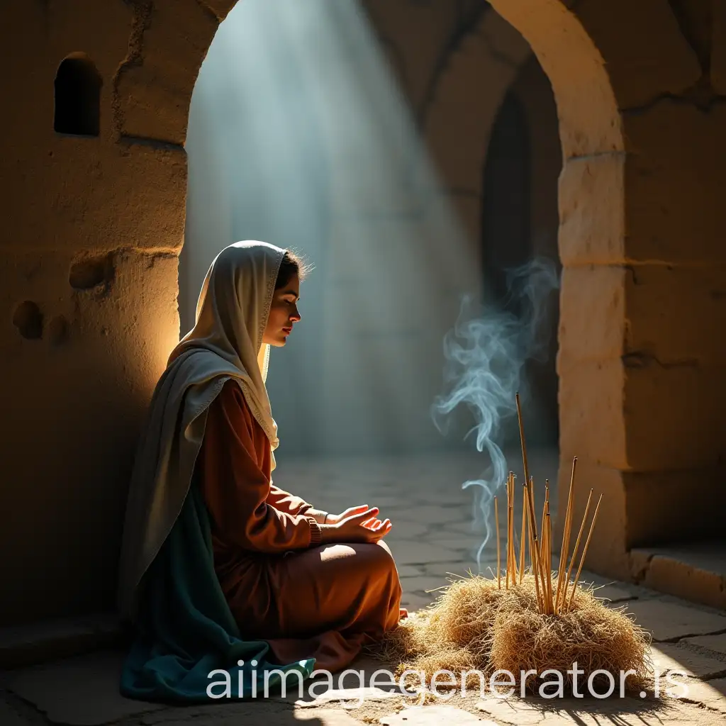 The-Virgin-Mary-Meditating-at-the-Gate-of-Bethlehem-with-Incense-Smoke