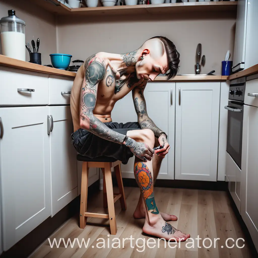 Lonely-Man-Tattooing-Himself-in-Kitchen