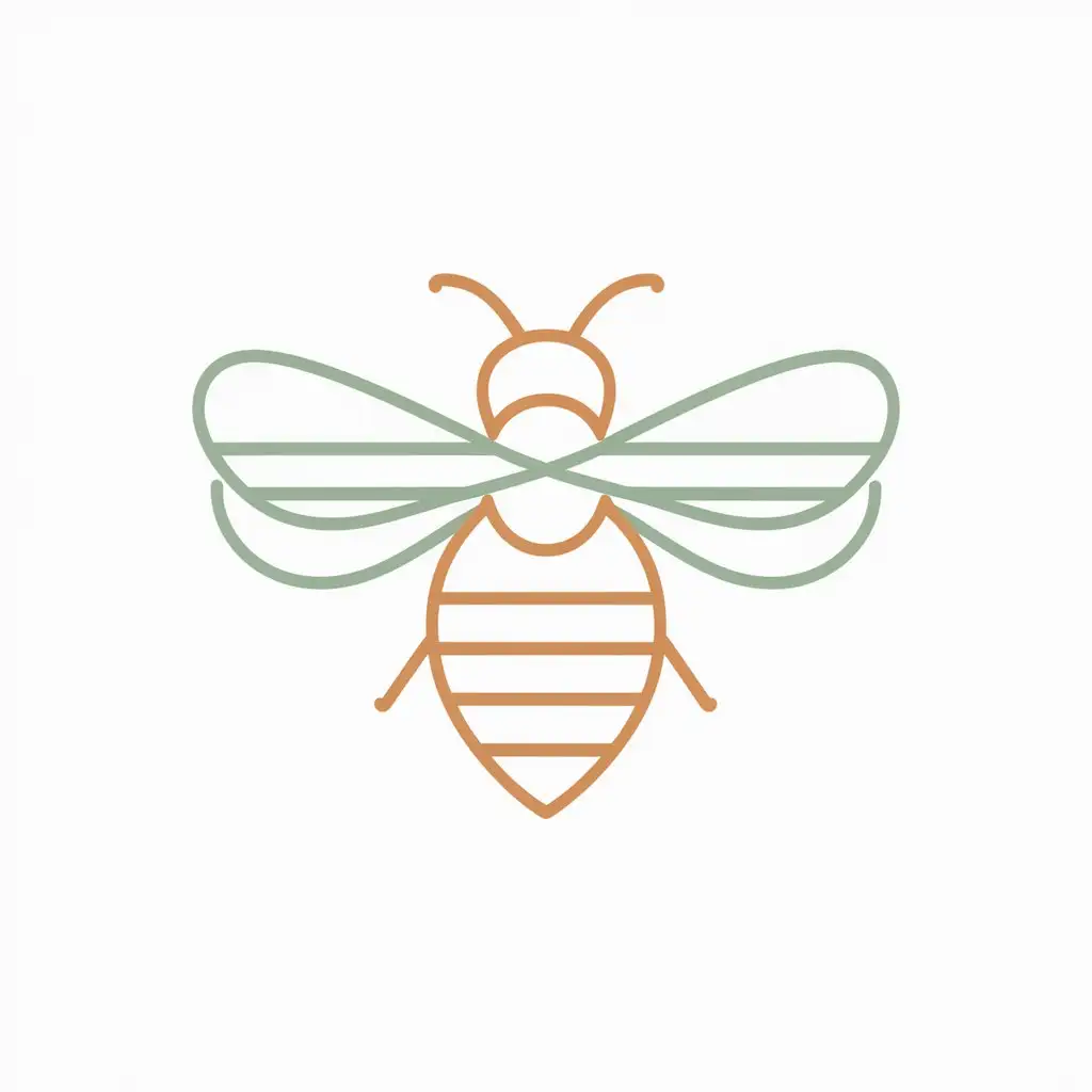 design of a very minimalistic nude modern creative flat logo of simple minimalistic decorative oneline shapes with simple minimalistic decorative line elements simmetry in the form of a bee with elements in green, orange and white pastel colors