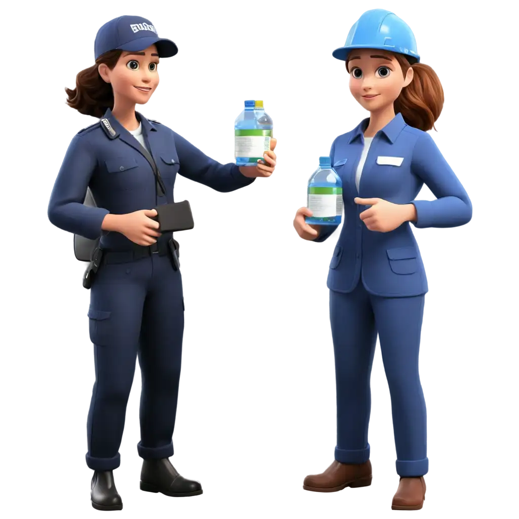 one (1) animated safety officer choosing the safest between the two (2) bottles of chemicals