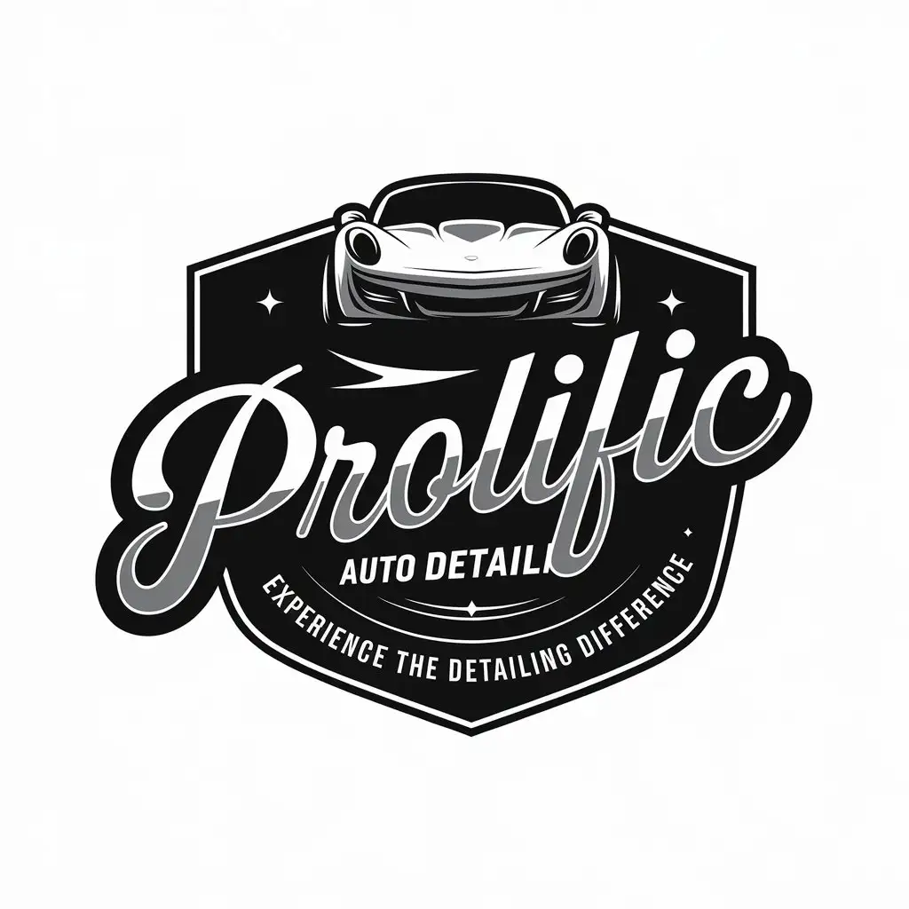 LOGO Design for Prolific Auto Detailing Cursive Font with Stylized Car Silhouette on White Background