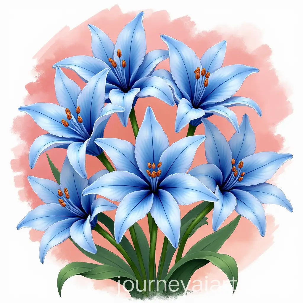 Six-Blue-Lily-Flowers-with-Green-Leaves-and-Maroon-Brush-Stroke-Background