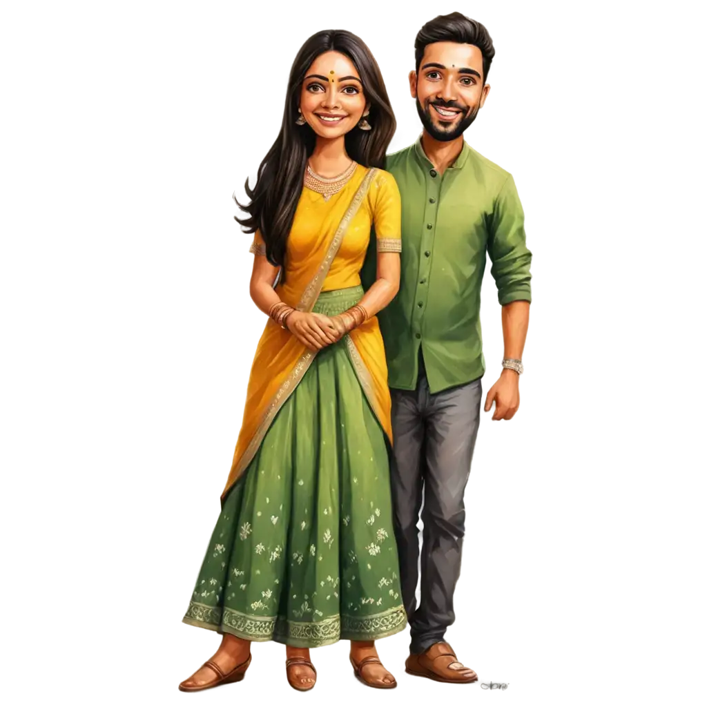 Indian-Couple-Haldi-Caricature-PNG-Vibrant-and-Culturally-Rich-Image-for-Various-Applications