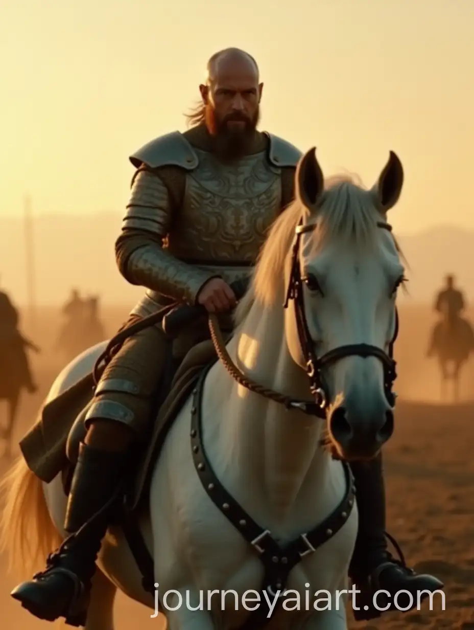 Aragorn-Riding-a-White-Horse-into-BattleAI-Image-Prompt-Expansion-at-Dusk-in-Chainmail-Armor