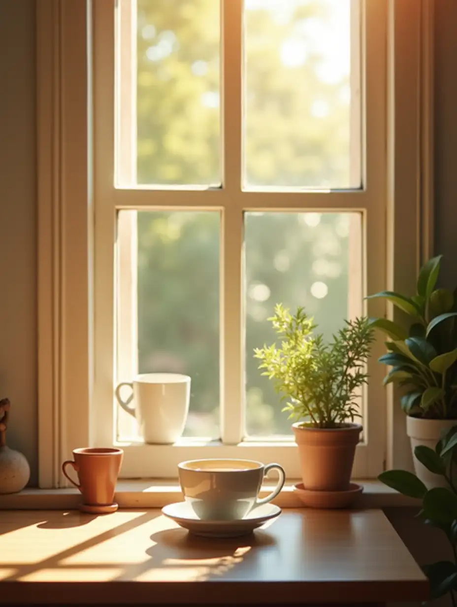 Aesthetic office, window, sunshine, cup of coffee