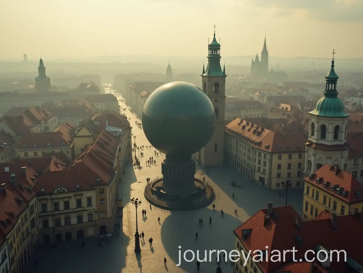 Cinematic-Aerial-View-of-1850s1950s-City-with-Giant-Spherical-Statue