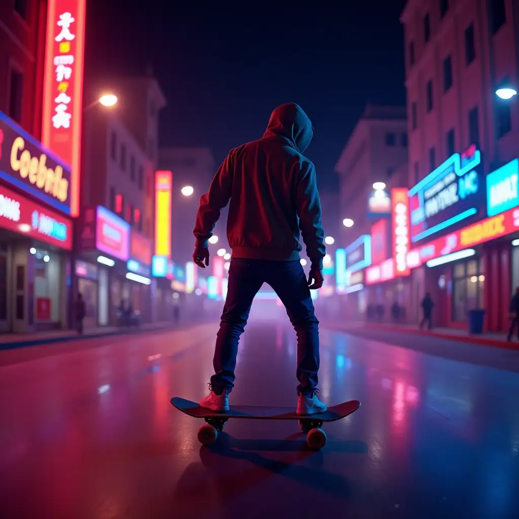 guy skating in a neon street