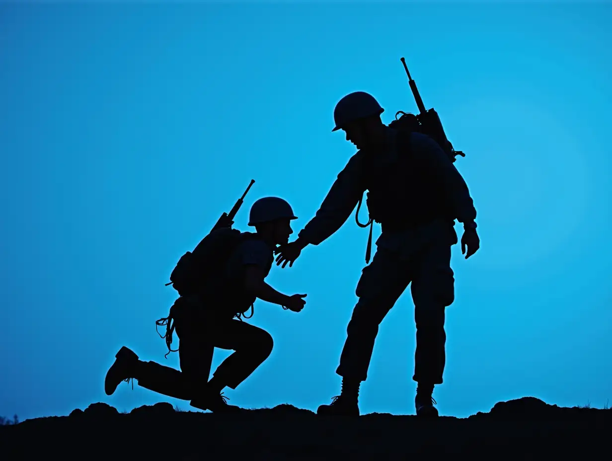 soldier silhouette on blue accent background helping another silhouette soldier by picking him up by giving him his hand