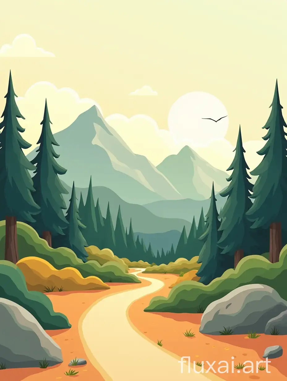 Cartoon-style illustration of a nature, with vibrant colors, smooth lines, and a retro comic vibe. The scenery in the background includes elements like trees,  mountains, and travel icons, parallel paths. Use beige, light green, orange, gray, white and black as a base and bright colored accents.