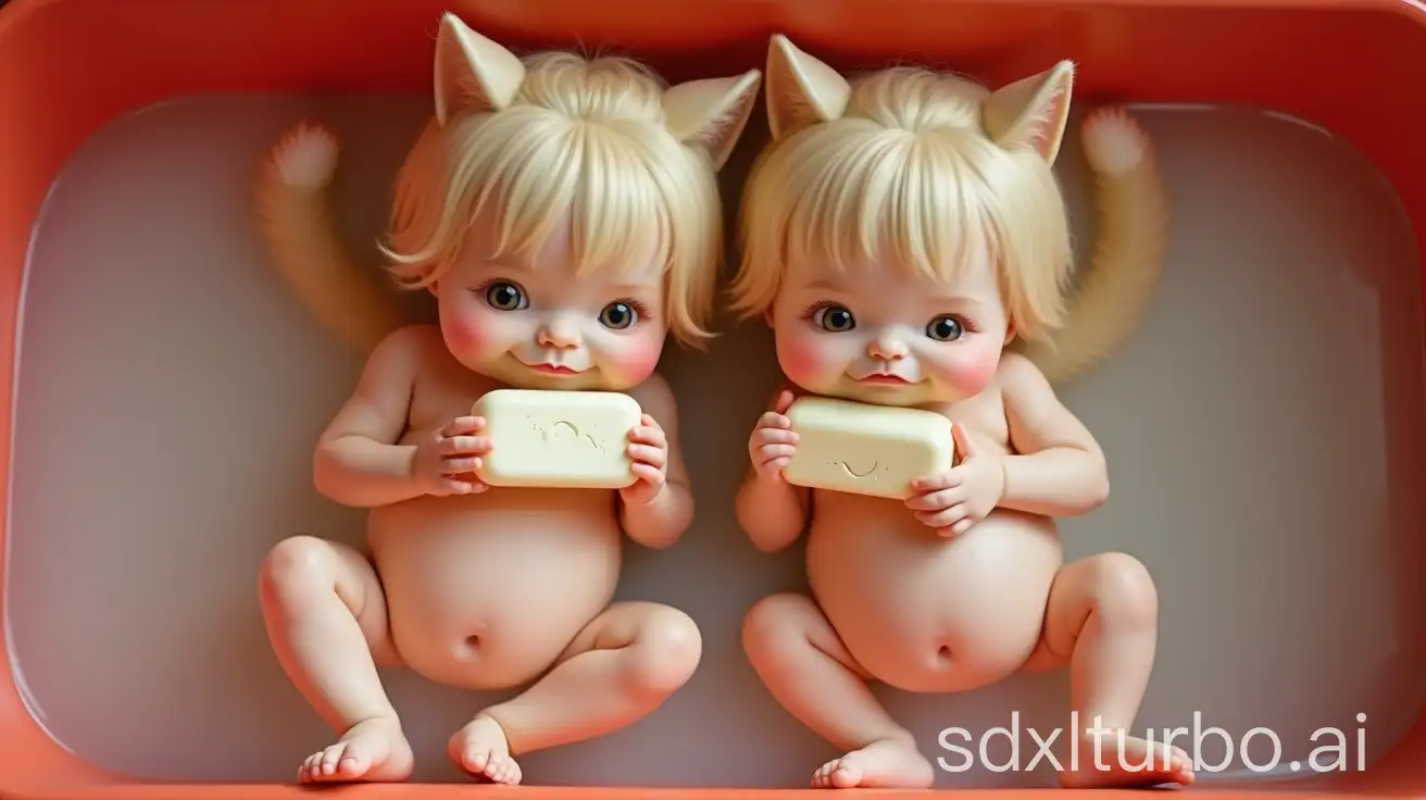 Pregnant-Girls-with-Cat-Ears-and-Tails-Playfully-Licking-Soap-in-Preschool-Bathtub