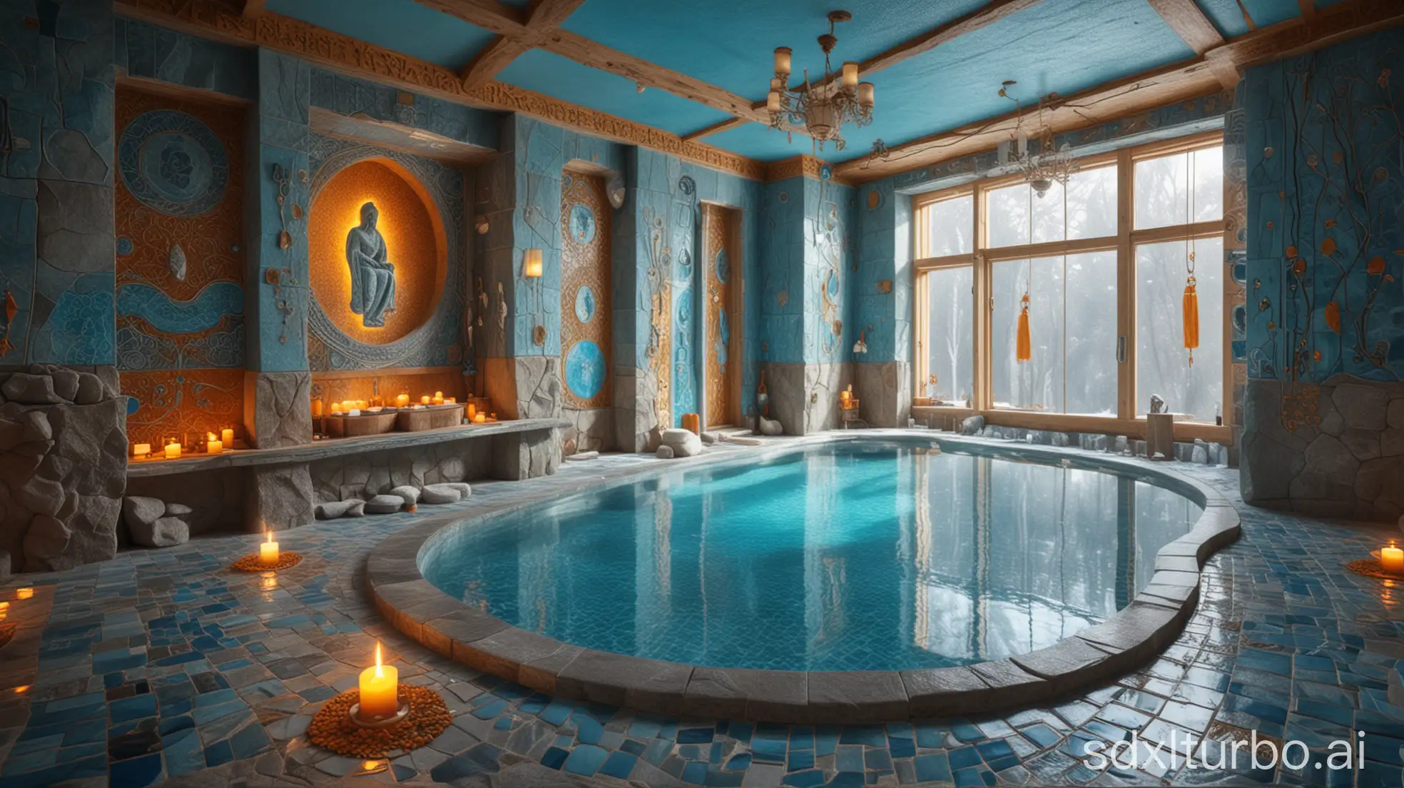 a vast luxury nordic spa in fantasy style, with carved adorned stone sculptures, many colorful magical signs on walls, amber cups, light blue and blue mosaic pool, sunny atmosphere, highly detailed