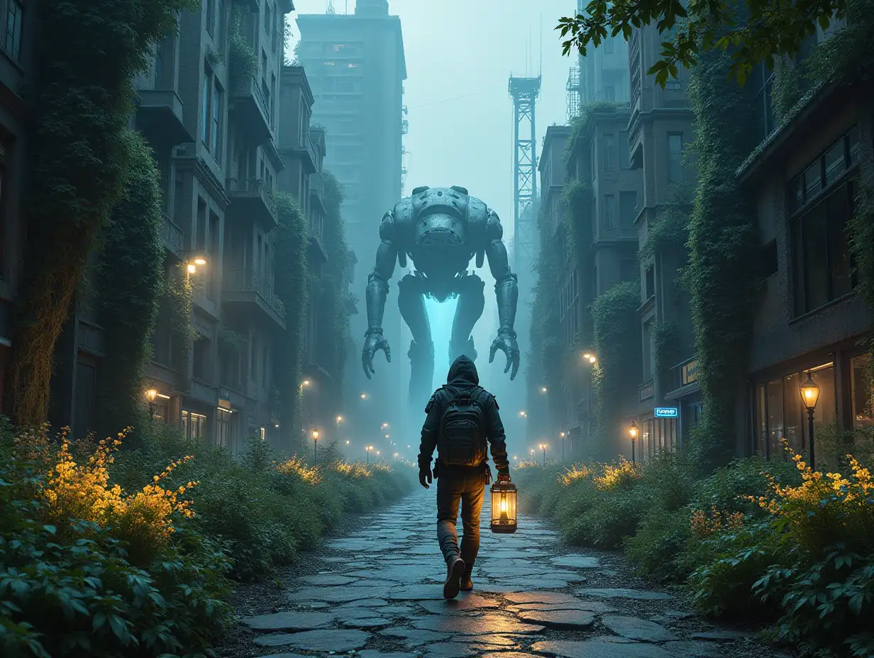 Turn a bustling city street into a post-apocalyptic jungle: replace skyscrapers with towering, crumbling ruins wrapped in vines and trees. Fill the streets with overgrown vegetation, wildflowers, and small rivers cutting through cracked pavement. Add glowing bioluminescent fungi growing on surfaces and a giant robotic animal prowling in the background. Keep a lone wanderer in futuristic gear walking through the scene, holding a lantern that emits a mysterious blue light