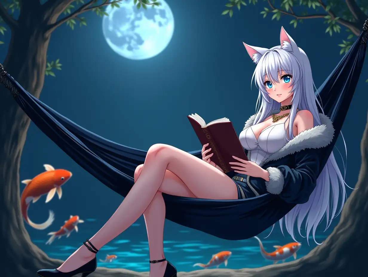 Anime mature adult woman with an hourglass body who looks like she is in her 30's with big breast, blue eyes, black and gold earrings, a choker around her neck, long white hair and white cat ears on her head. She is in her hammock near her koi fish pond enjoying the moonlight as she reads her book. She is wearing designer clothes with low cut shoes that have her feet showing and a Quarter Sleeves Short Jacket with a fur collar. She is reading her book in a hammock.