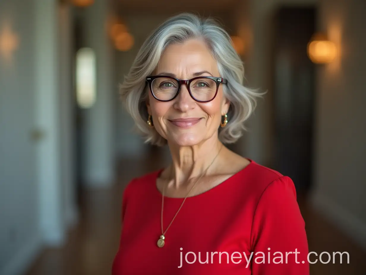 Elegant-68YearOld-Woman-with-Gray-Hair-and-Red-Blouse-Smiling-in-Distant-Perspective