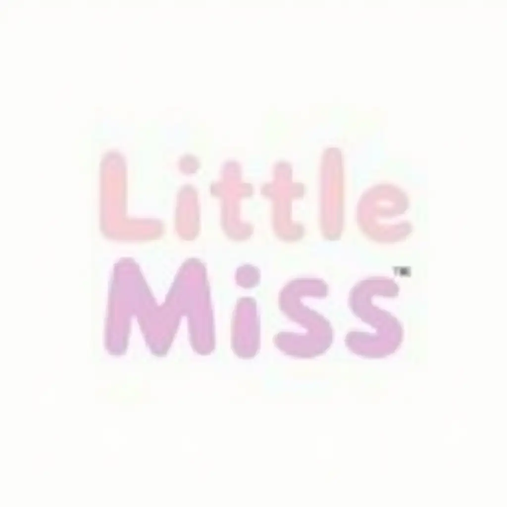 Create a playful and modern logo with the words ‘Little Miss’ in a rounded, child-friendly font, similar to the reference image. The letters should incorporate soft pink and purple tones with subtle pastel shades. Include small, simple illustrations like trees, flowers, or stars integrated into the letters. Maintain a minimalistic and eco-friendly aesthetic, ensuring a warm and inviting feel. Use a clean, white background for a fresh and airy look.