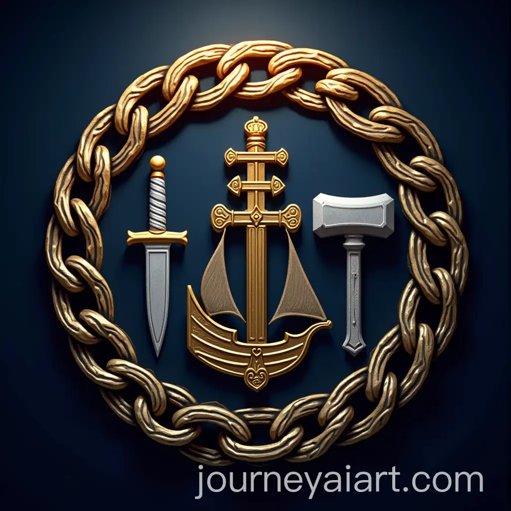 Heraldic-Round-Shield-with-SwordAI-Art-Prompt-Expansion-Ship-and-Hammer-Symbols-Bound-by-Glowing-Chain