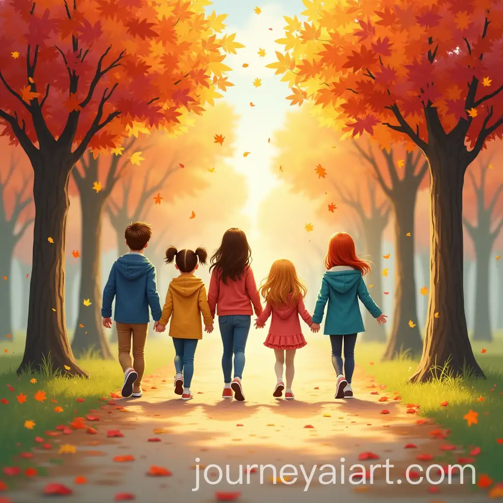 Kindergarten-Kids-Walking-in-Pairs-Through-a-Park-with-Autumn-Trees-and-Falling-Leaves