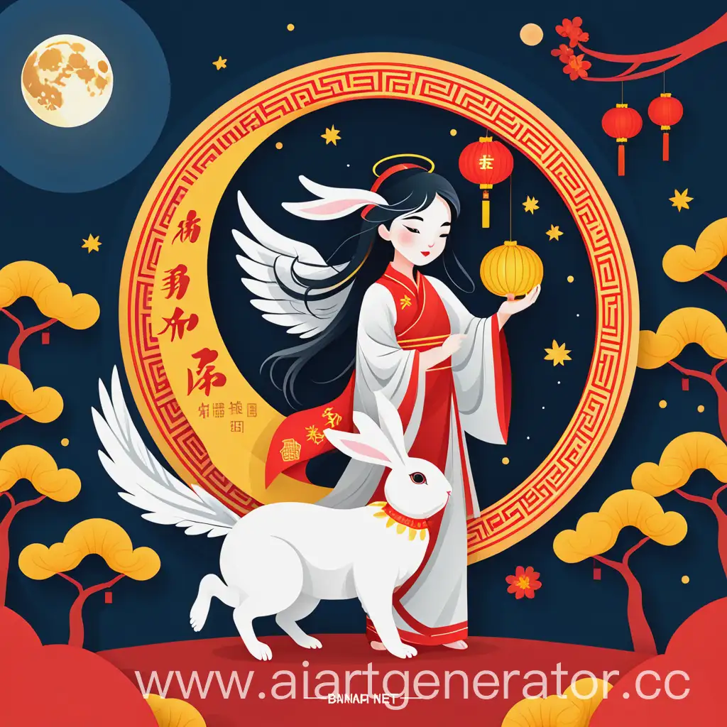 Mid-Autumn chinese Festival Banner, Angel, Moon, Rabbit, Vector Style, Flat Style, Graphic Style, chinese style