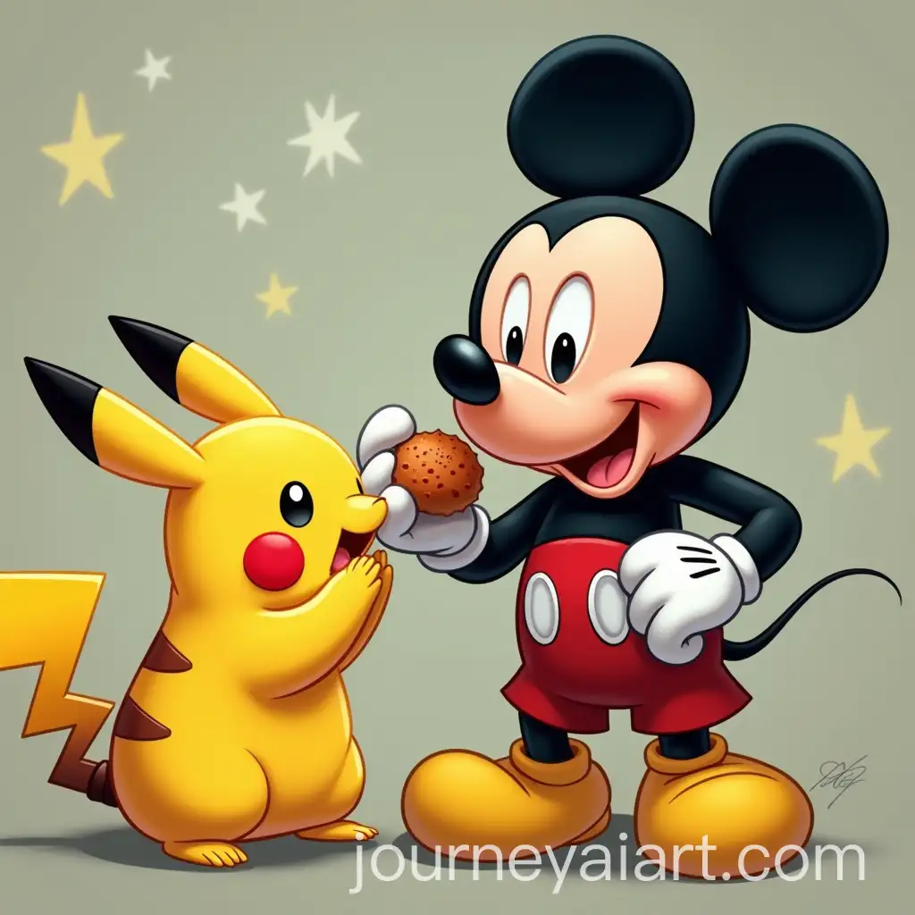 Mickey-Mouse-and-Pikachu-Eating-Together-in-a-Playful-Scene