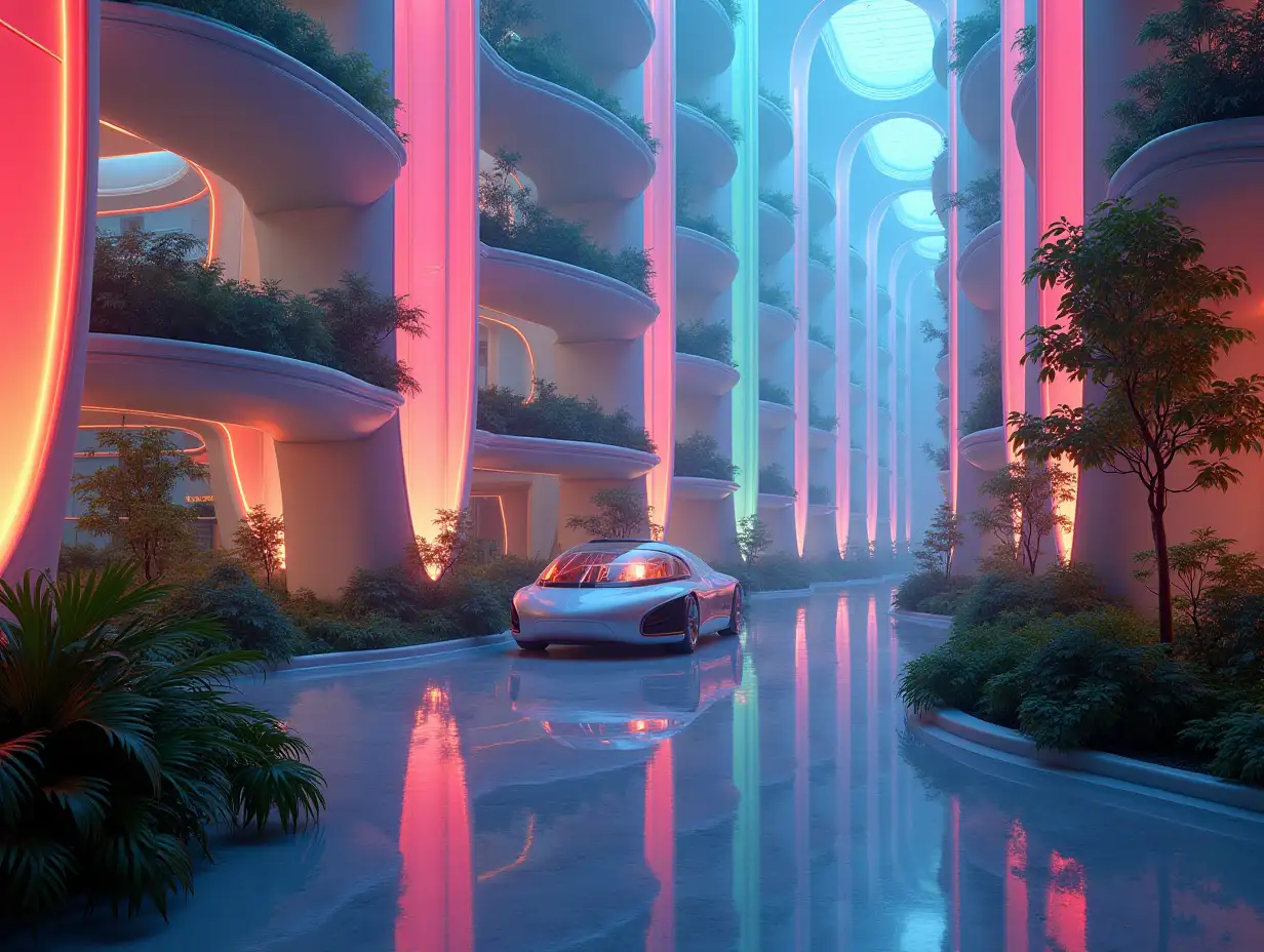 Create a high-resolution, realistic image in 4K resolution of a futuristic lit building with different colored bent columns and many plants and a futuristic vehicle with tinted glass