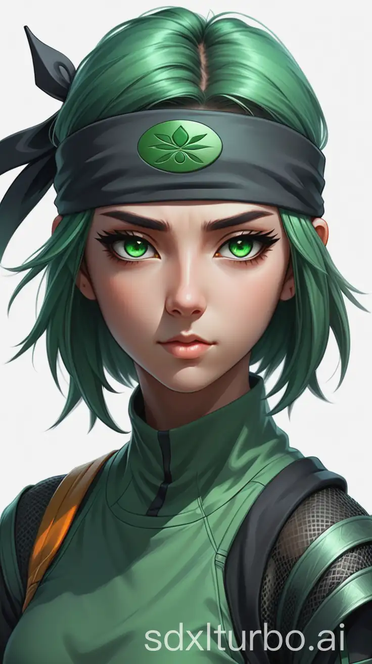 Generate a semi-realistic anime portrait of a young female ninja with sleek, shoulder-length emerald green hair and soft amber eyes, reflecting a calm and serene expression. She wears a ninja headband with the Hidden Leaf symbol. Her outfit is a modernized ninja suit with mesh detailing, a high collar, and a muted charcoal gray and olive green color scheme. The character should have smooth, soft facial features and glowing skin with a gentle expression. The background should have a subtle blurred effect to enhance the ethereal and peaceful atmosphere.