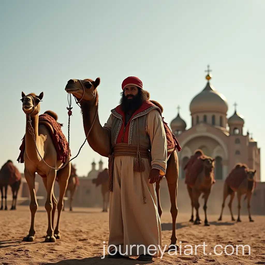 Saint-Mina-Standing-Between-Two-Camels-with-Orthodox-Cathedral-in-the-Background