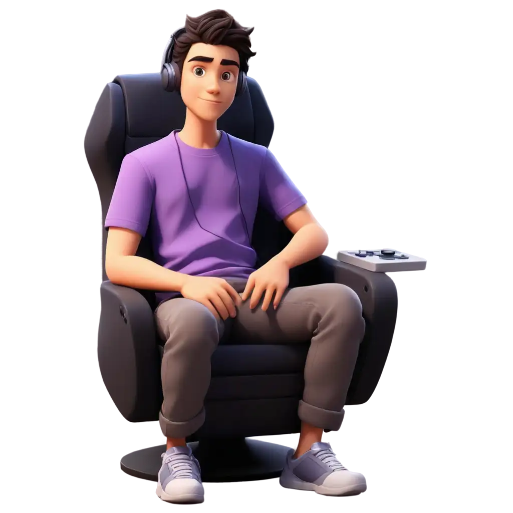 Cartoon-Style-PNG-Image-of-Male-Character-in-Gamer-Outfit-on-Purple-Shirt-Sitting-on-Gaming-Chair