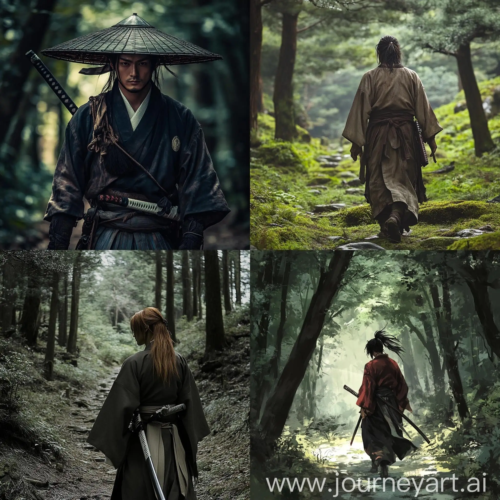 Samurai-in-Traditional-Japanese-Garb-Walking-in-Forest