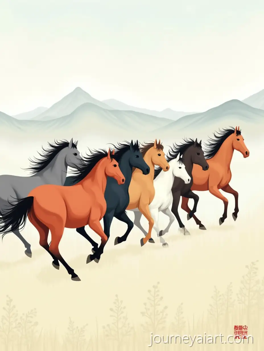 Eight-horses-in-motionTraditional-Chinese-Painting-of-Eight-Colorful-Horses-Running-with-Altai-Mountains-Background