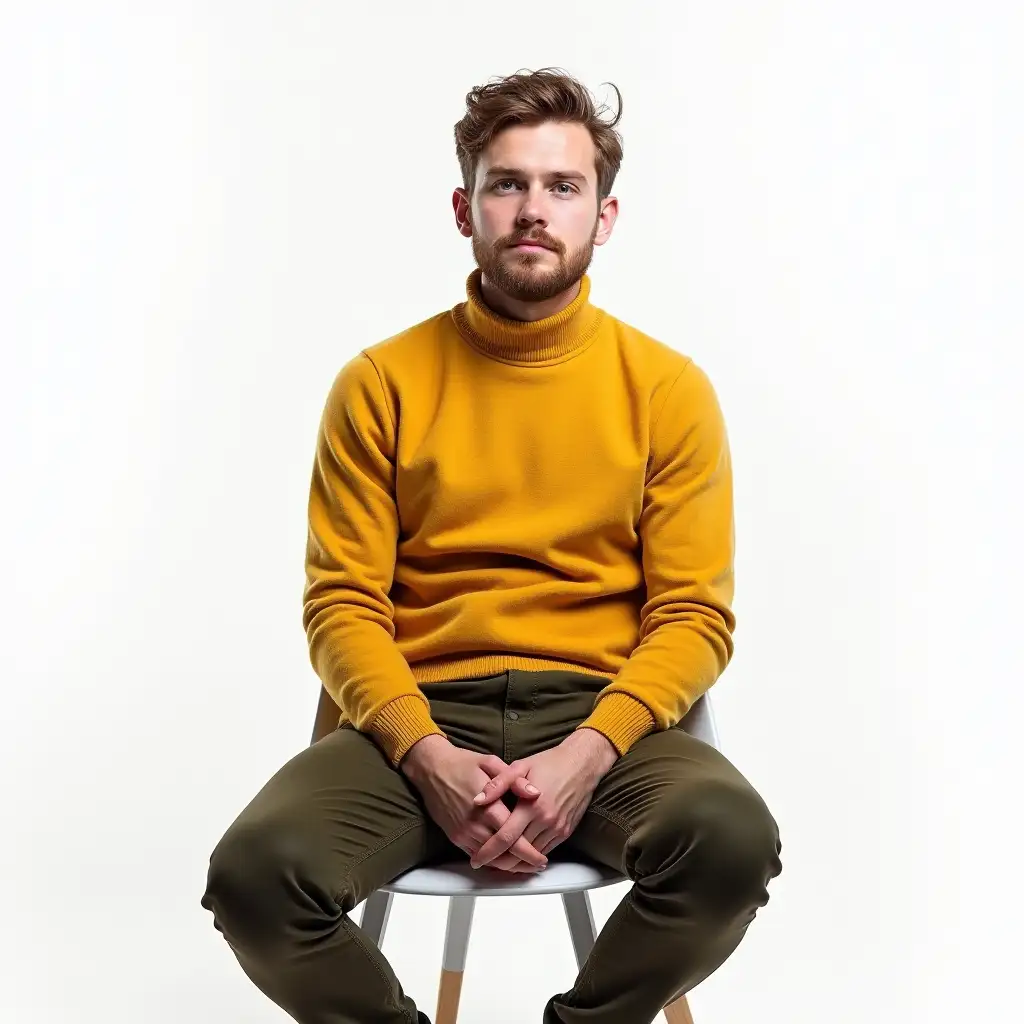 Bored Young Man Sitting in Yellow Turtleneck Sweater