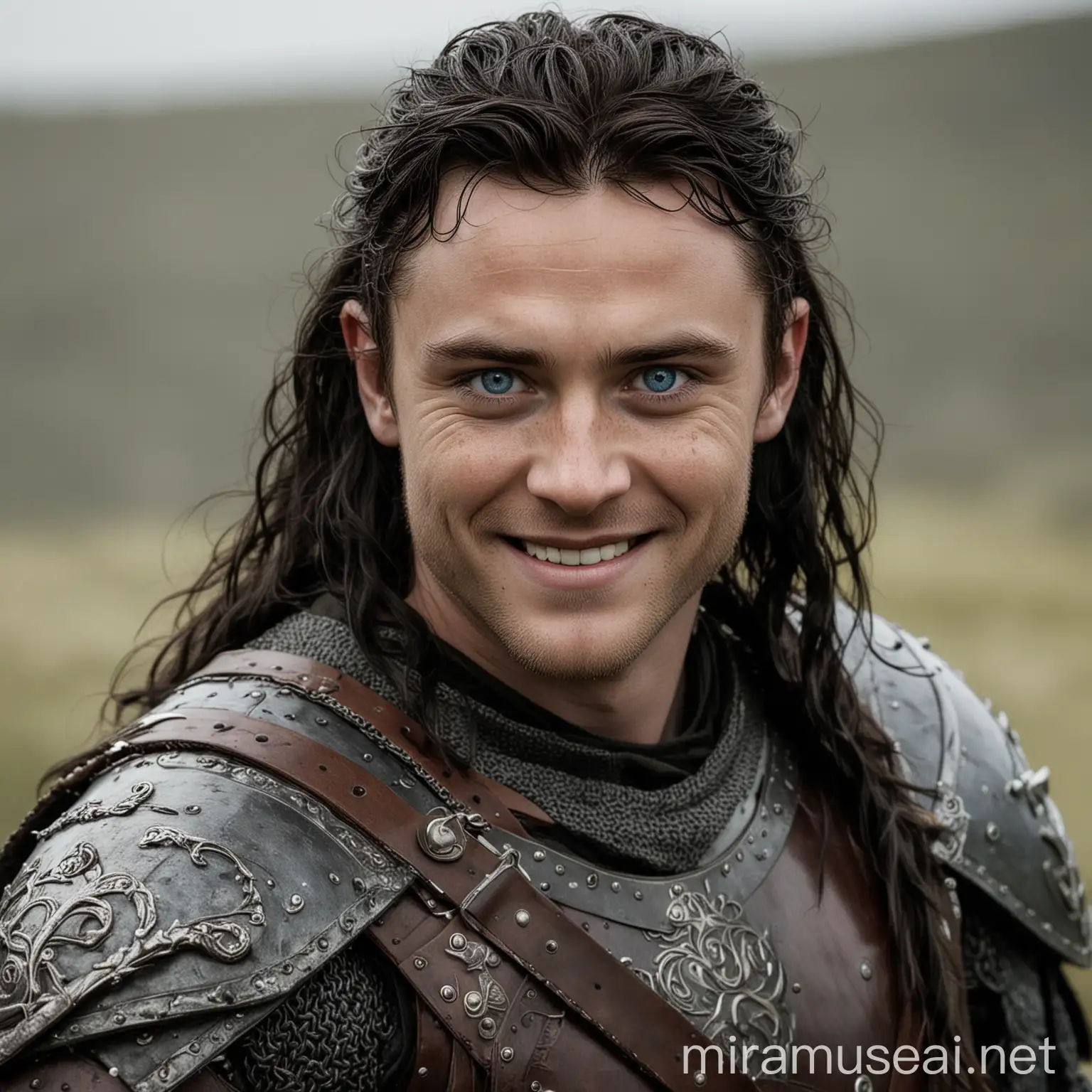 Sly Viking Warrior with Sword Dark Hair and Blue Eyes