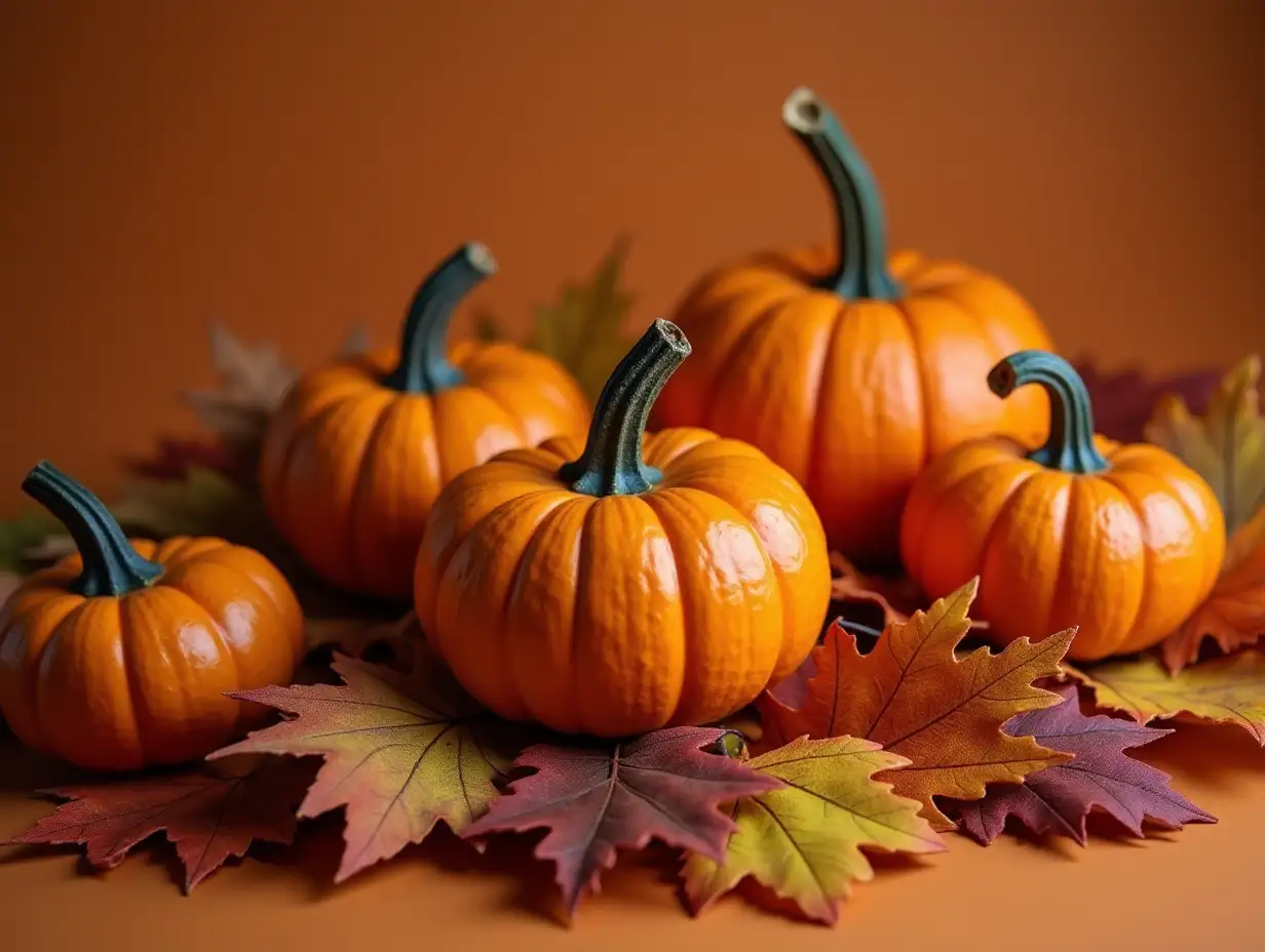 decorative pumpkins and autumn leaves for halloween