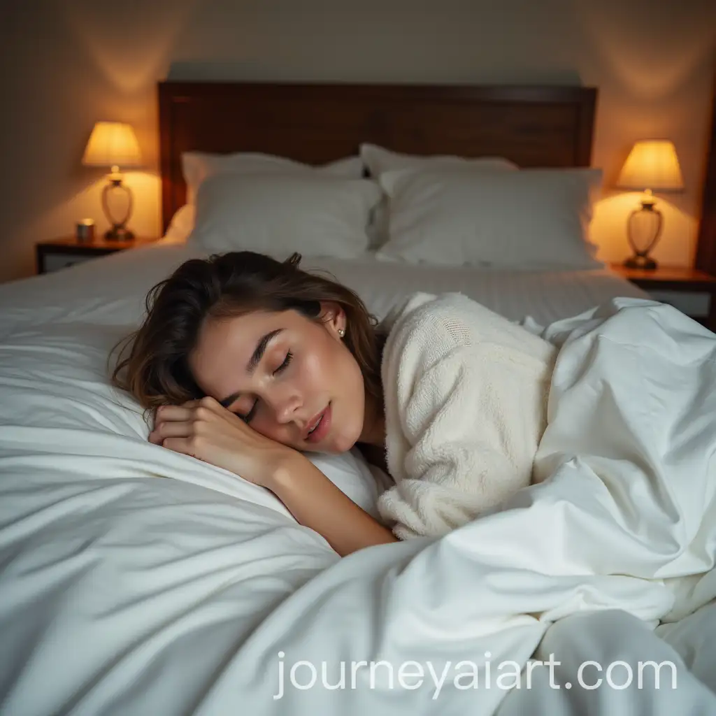 Young-Woman-Sleeping-on-White-Linen-in-Cozy-and-Romantic-Bedroom